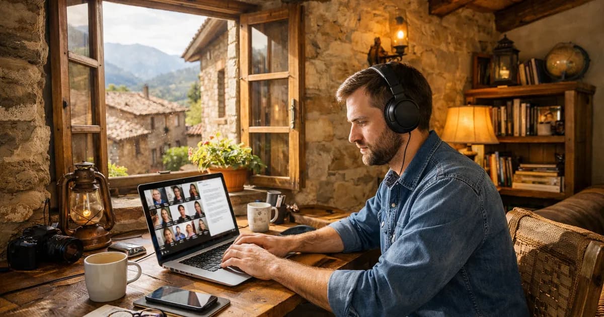 Person teleworking with laptop in a rural village home