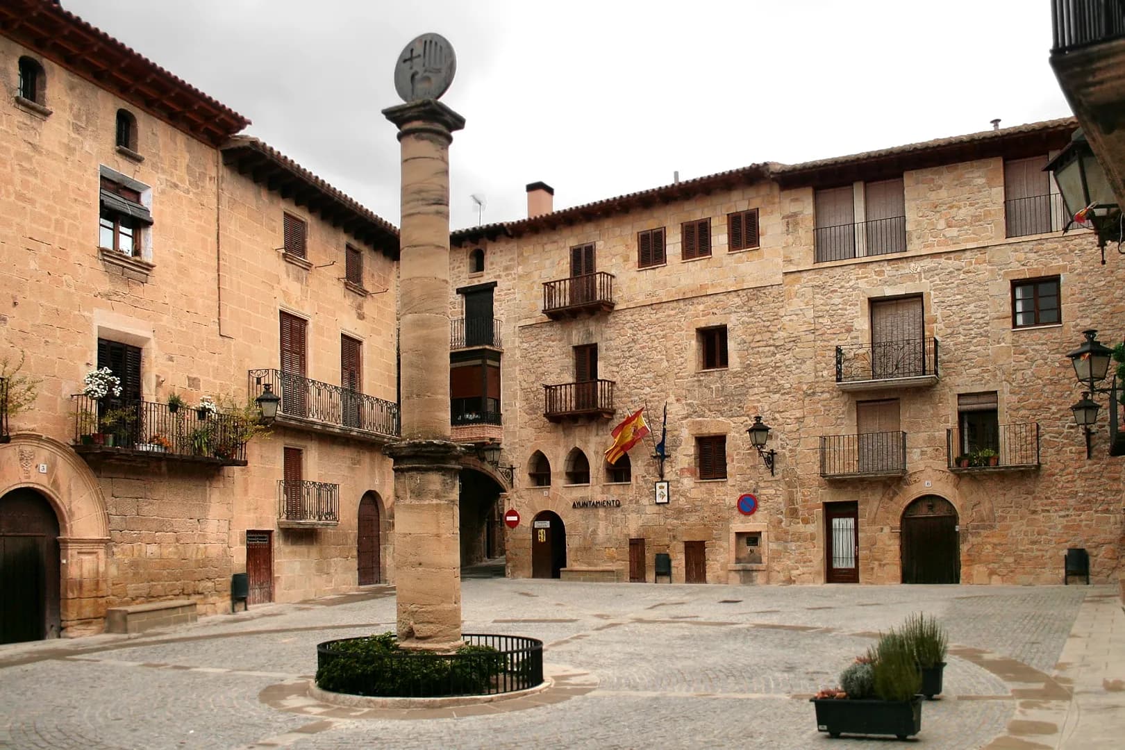 The arcaded square of a village in the Matarranya