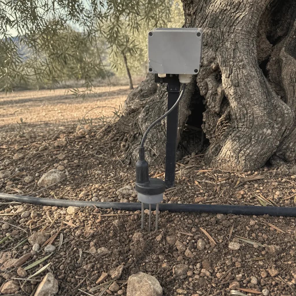 Soil moisture probe next to a drip line at the foot of an olive tree in Calaceite