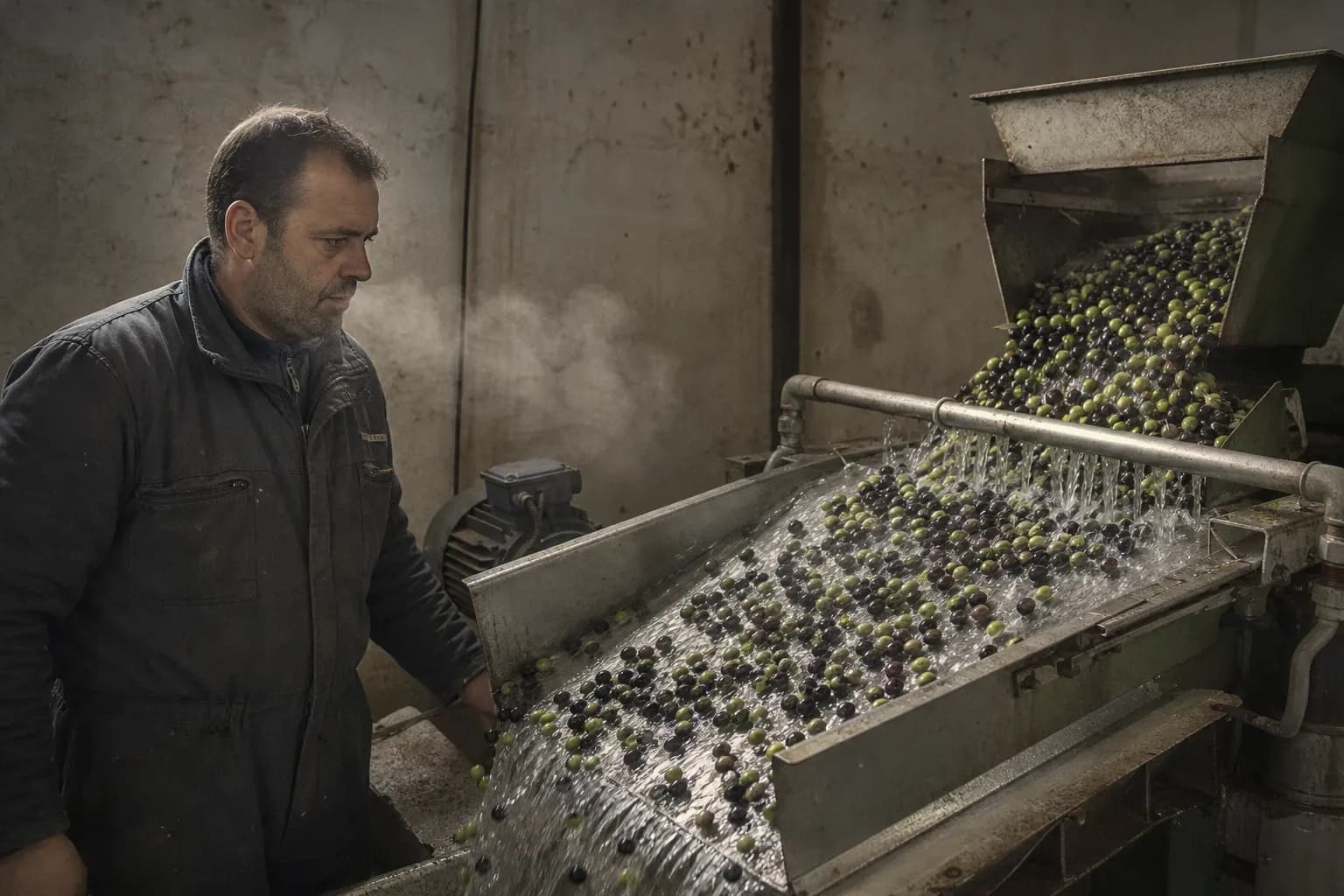 Olives being washed in cold water at the olive mill in Calaceite
