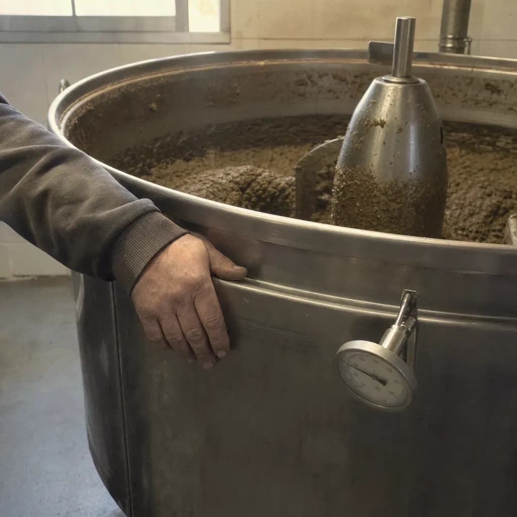 Olive paste turning in a malaxer with the thermometer below 27 degrees