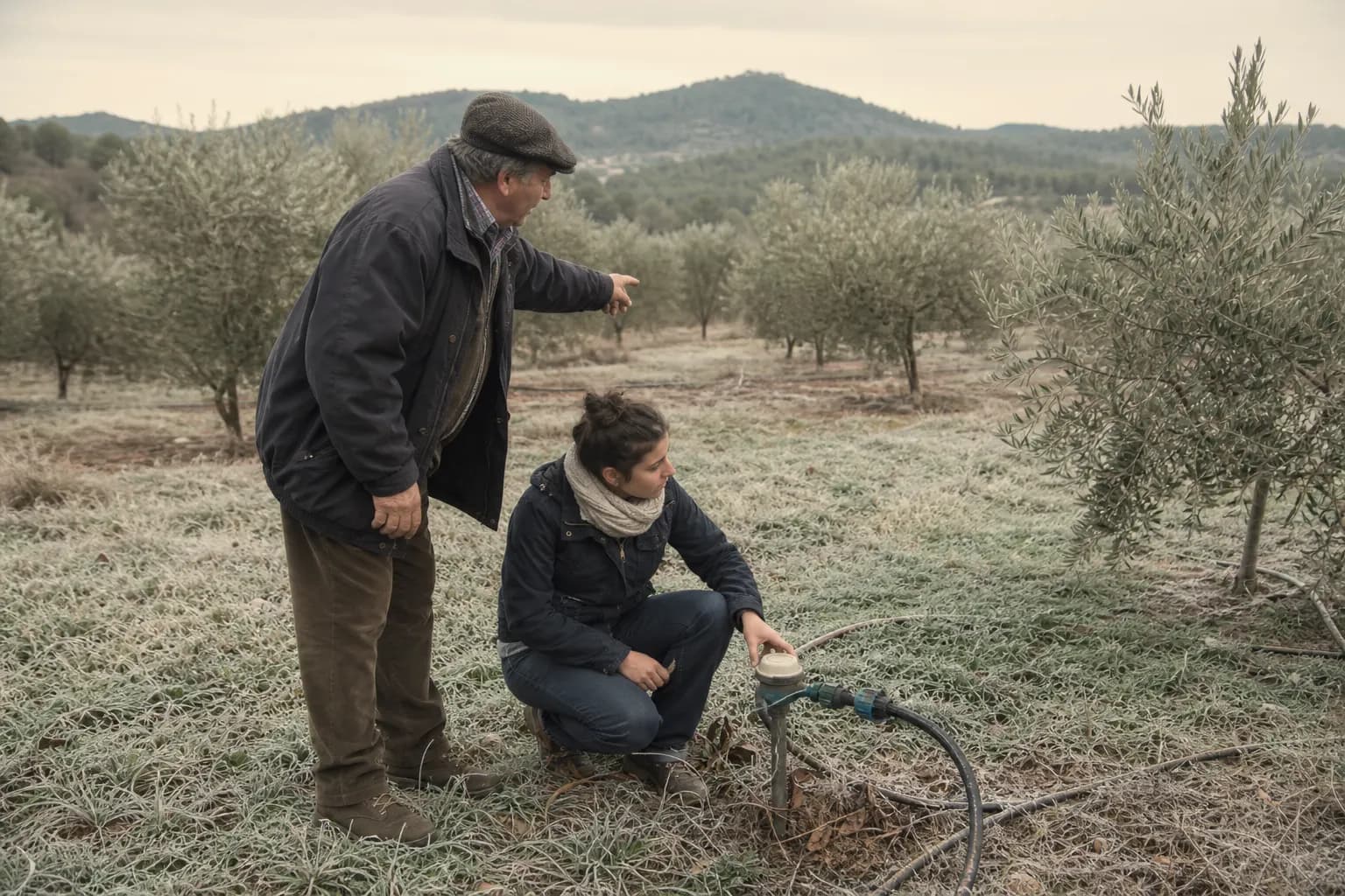 Ramón points to where the frost settles first while Nerea Bel shows him the irrigation meter