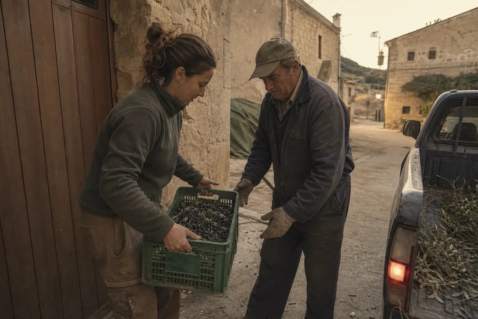 Nerea Bel unloads crates of freshly picked olives at the Calaceite olive mill at dusk