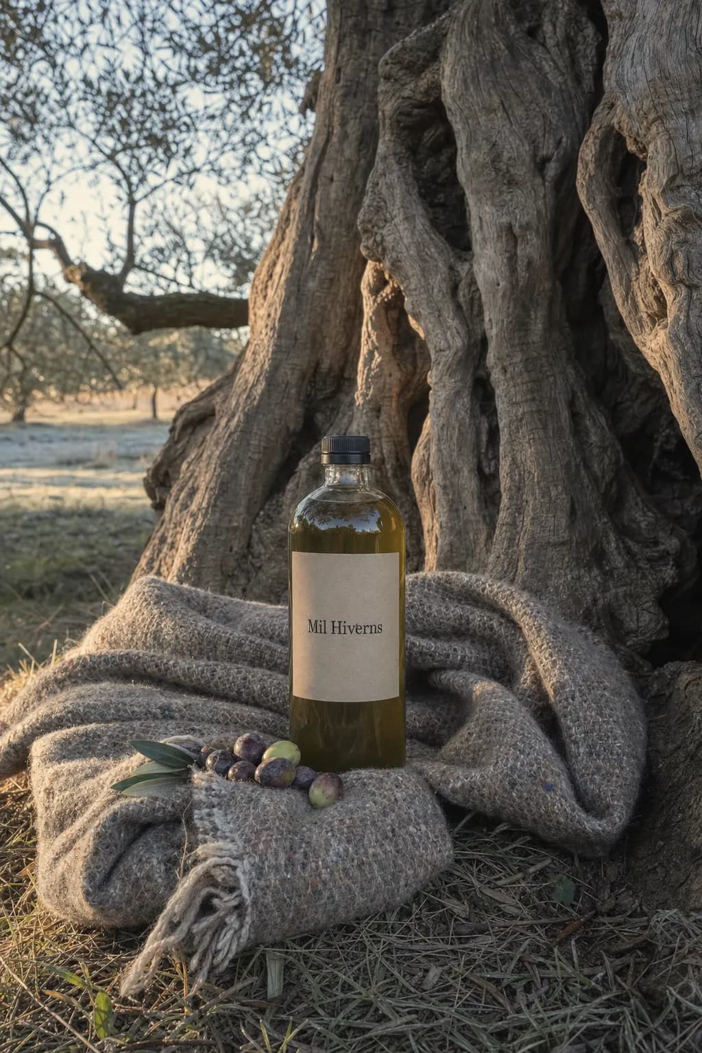 Bottle of Mil Hiverns olive oil on a blanket at the foot of an ancient olive tree