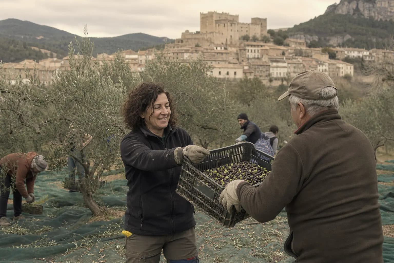Neighbours help Marta Pallarés pick olives among ancient trees with Valderrobres behind