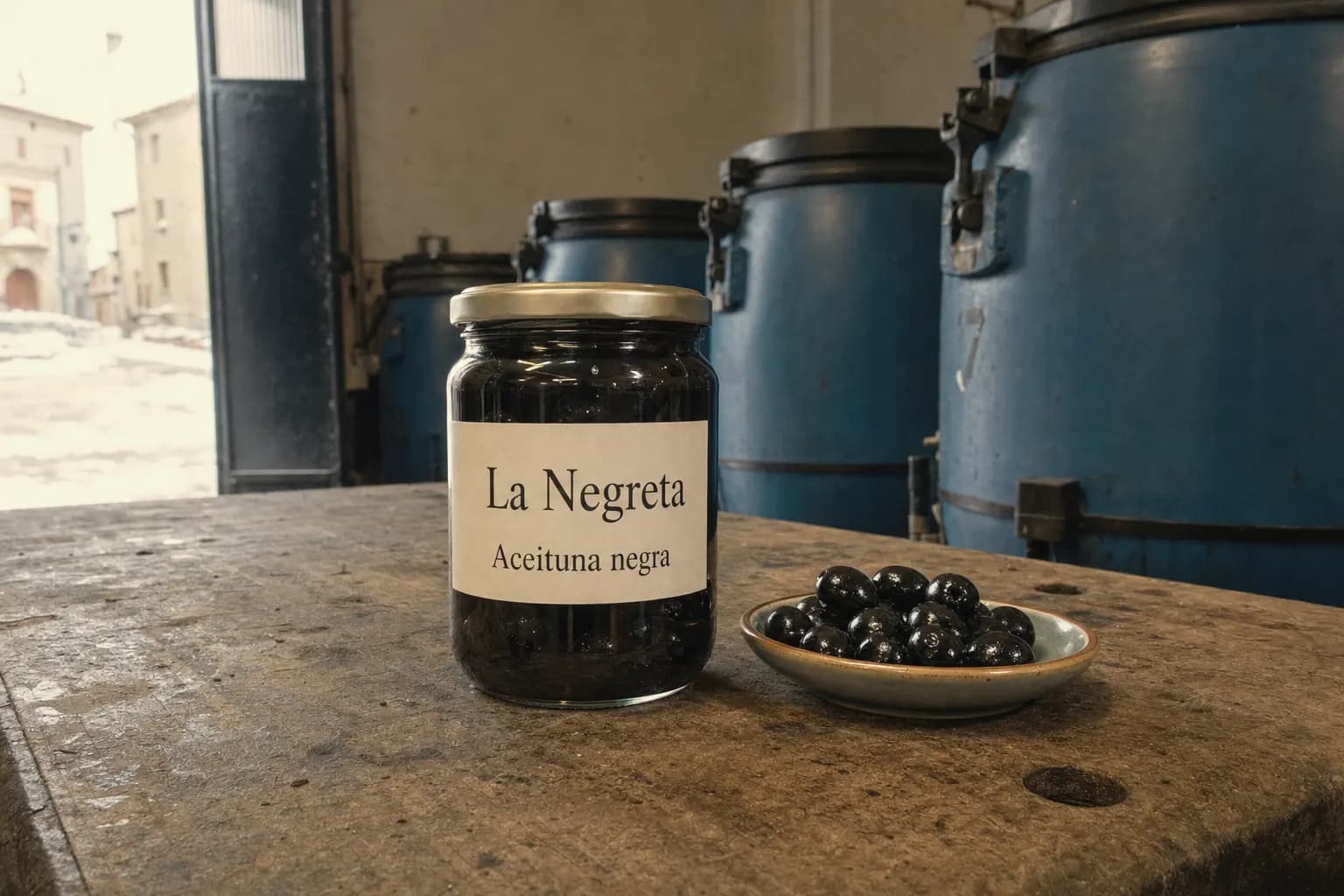 Jar of La Negreta black olives on a wooden bench in the Alcañiz warehouse