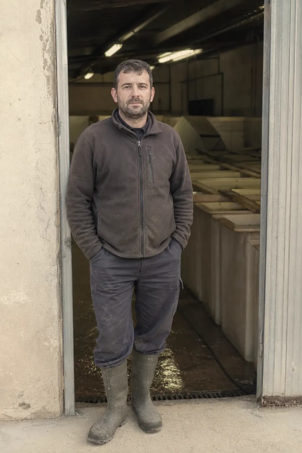 Iván Garcés, aged 34, in the doorway of his parents' olive warehouse in Alcañiz