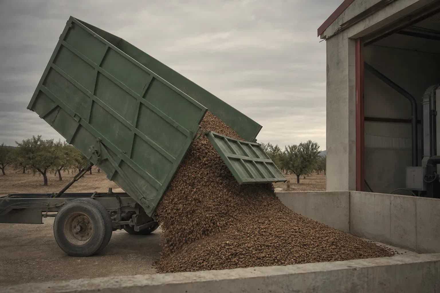 Almond shells being unloaded for the local biomass boilers