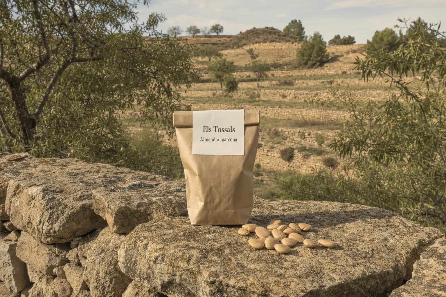 Bag of Els Tossals marcona almonds on a stone wall among almond trees