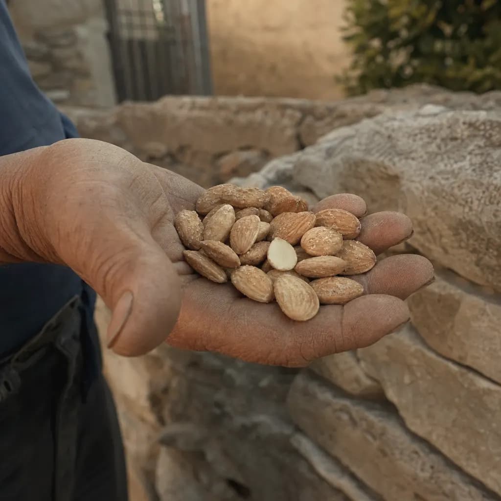 A hand holding toasted marcona almonds, a few split in half