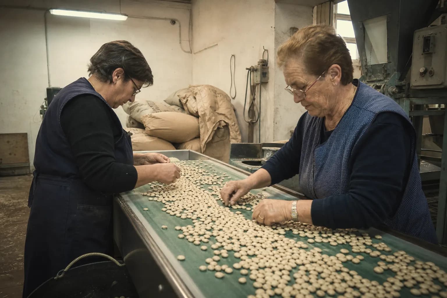 Two workers pick out broken or stained almonds by hand in Alcañiz