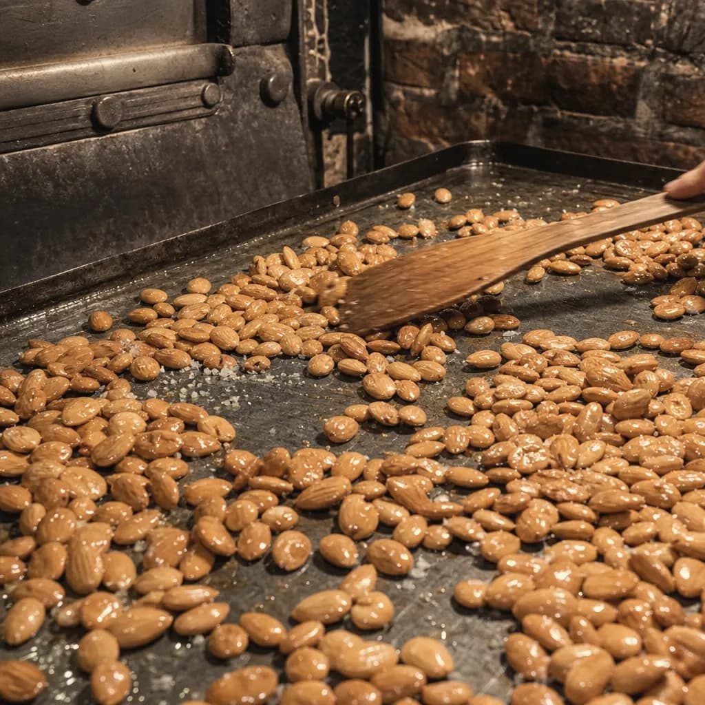 Marcona almonds toasting with a thread of olive oil and salt