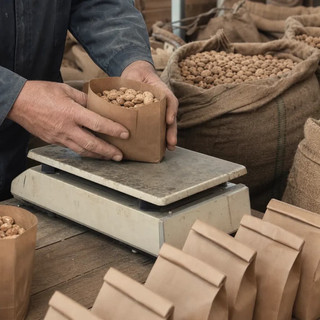 Hands filling paper bags with toasted almonds on a scale