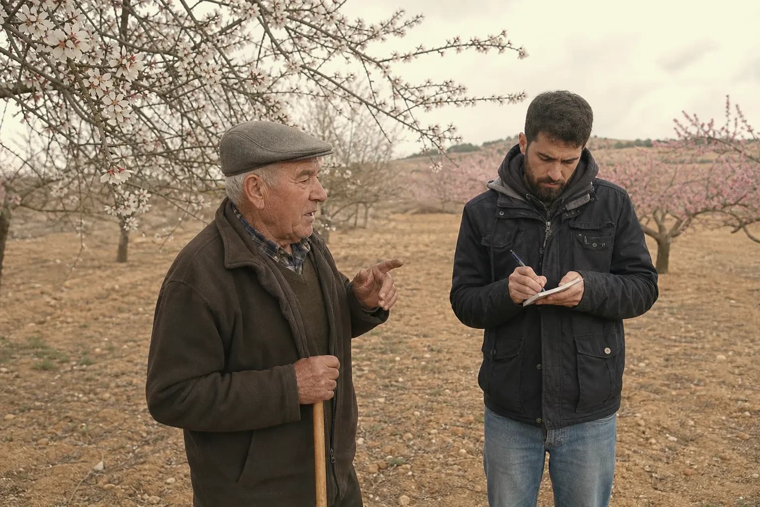 Joaquín explains the blossom to Sergio, who writes in a notebook