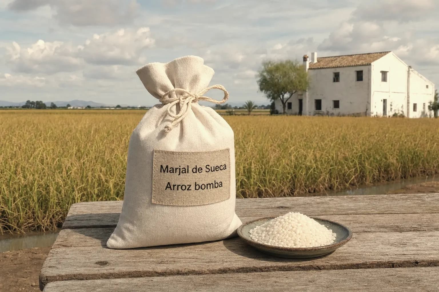 Cloth sack of Marjal de Sueca bomba rice beside a rice field in September