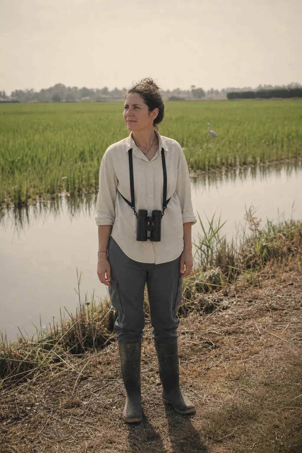 Paula Ferrer, aged 35, with binoculars beside her rice fields in Sueca