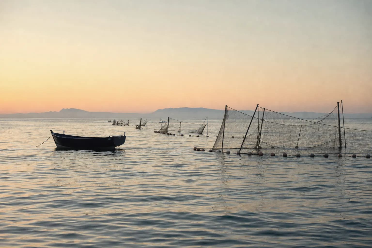 The fixed almadraba nets wait for the tuna off Barbate at dawn