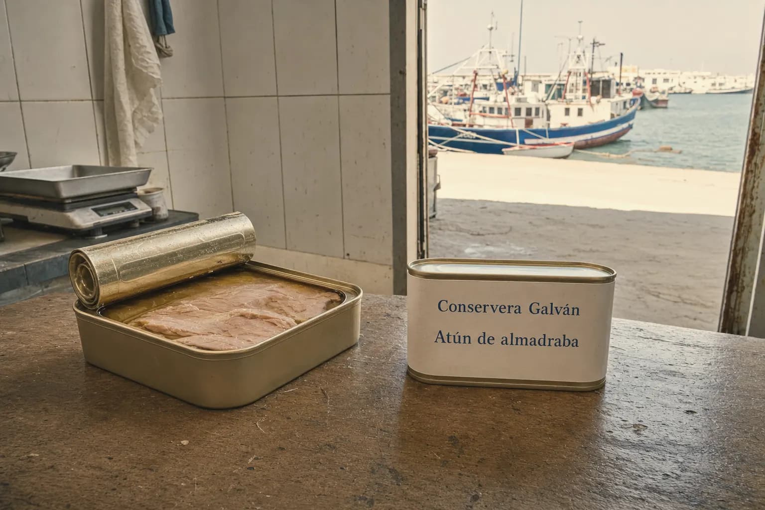 Tins of Conservera Galván almadraba tuna, one open, in the Barbate cannery