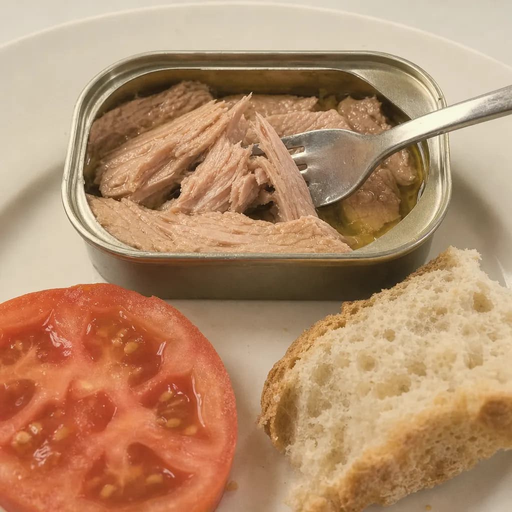 Open tin of bluefin tuna in oil with the flakes separating