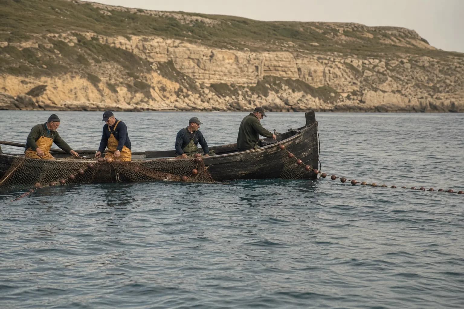 Fishermen set the fixed almadraba nets off the coast of Barbate