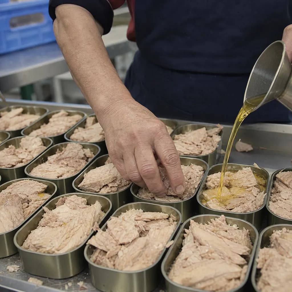 Hands place the tuna in tins and cover it with olive oil