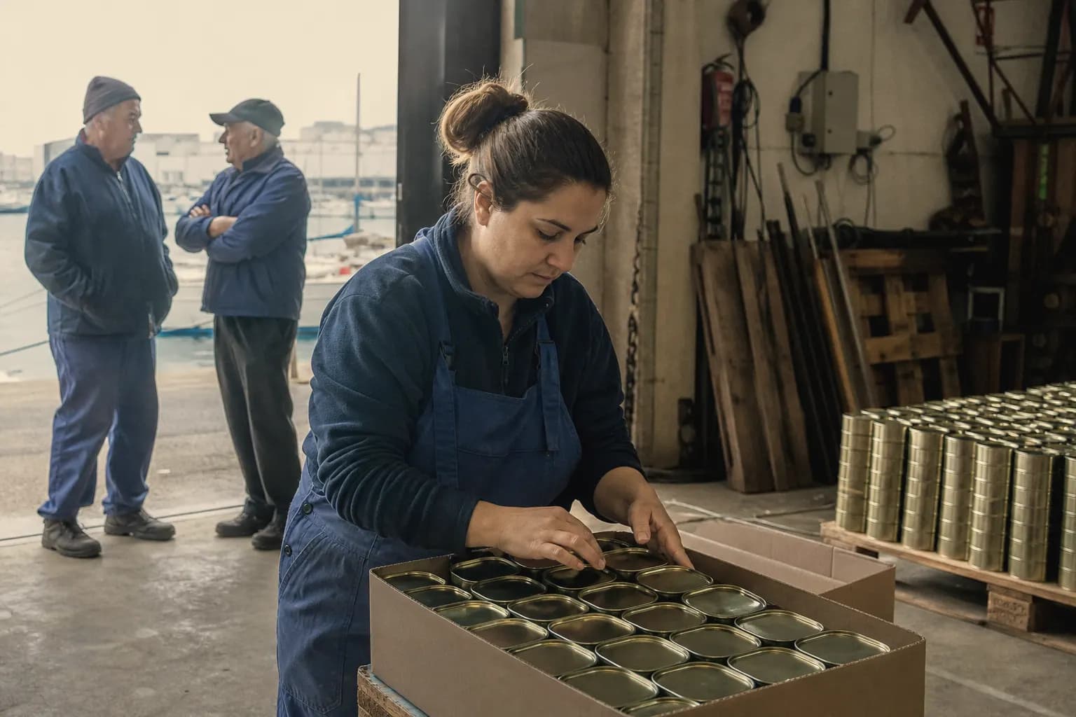 Lidia Galván stacks tins as her uncles chat at the cannery door