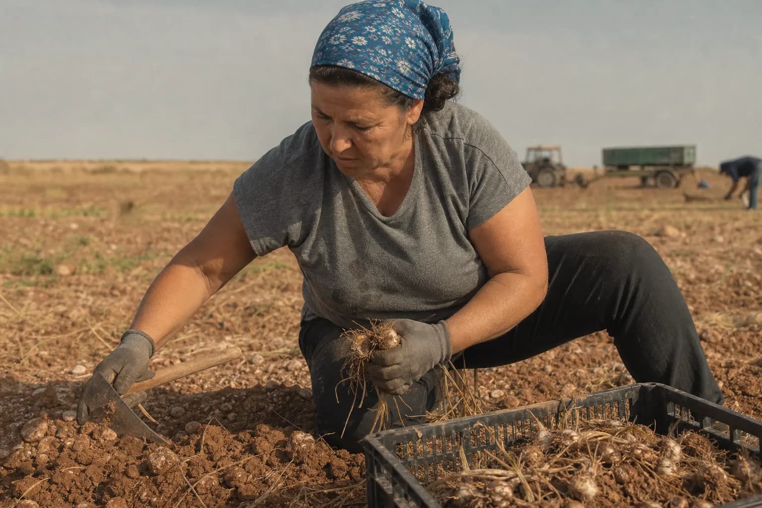 Irene Toledano lifts the bulbs to move them to a new field and rest the soil