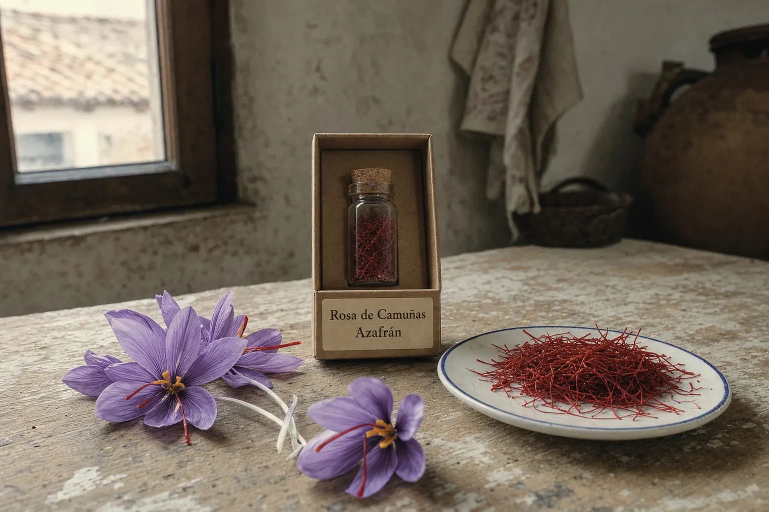 Case of Rosa de Camuñas saffron among purple flowers on a kitchen table