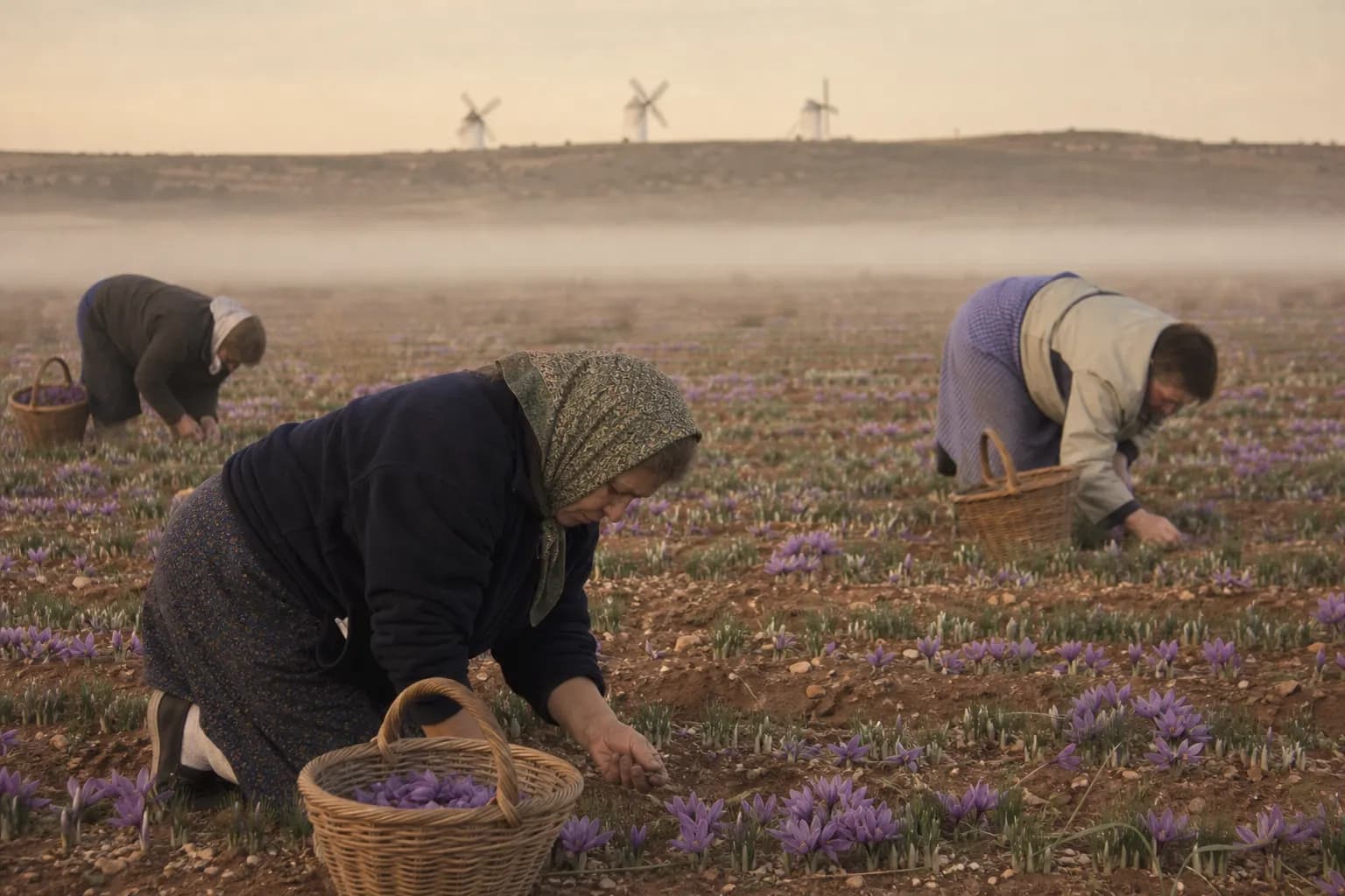 Women pick the saffron flowers at dawn before they open