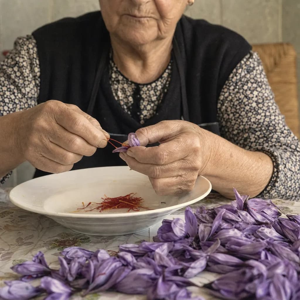 Juliana Toledano's fingers separate the three red stigmas from the flower