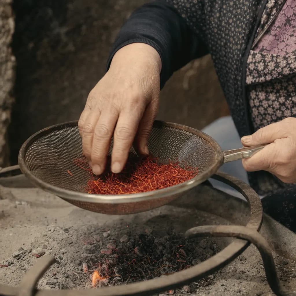 The stigmas toast on a sieve over gentle heat