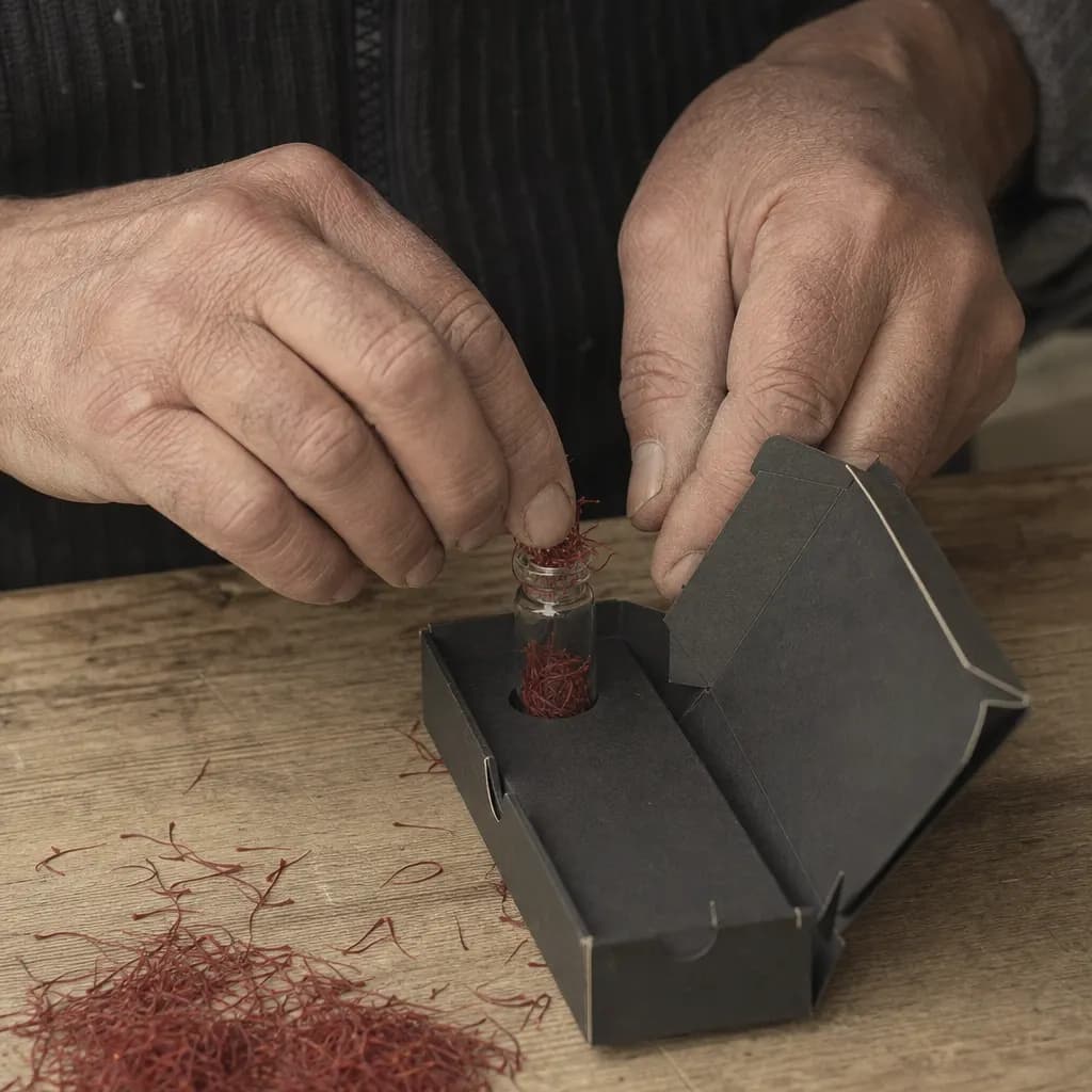 Hands put the saffron threads into a small vial inside its case