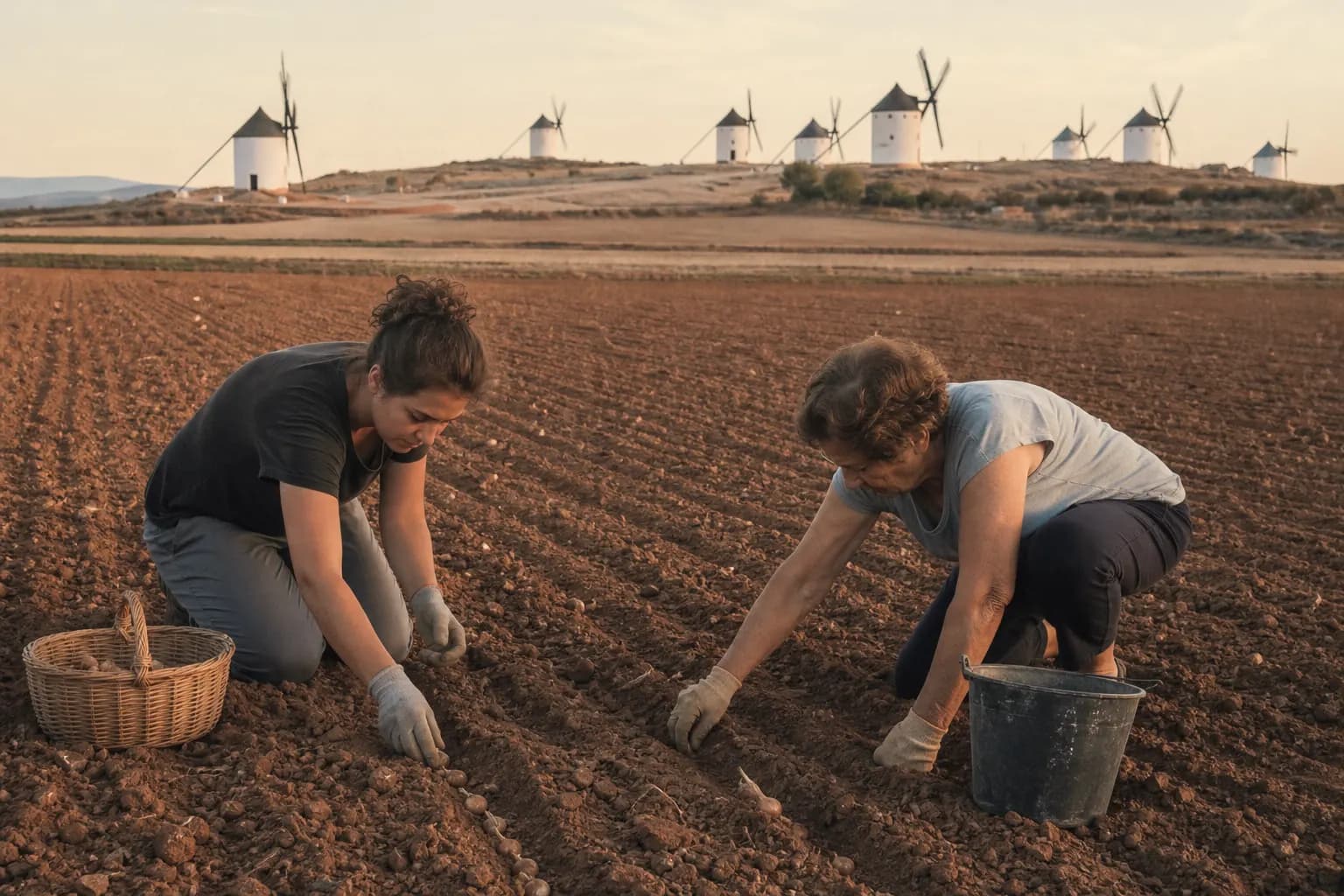 Irene and Juliana Toledano plant saffron bulbs near Camuñas