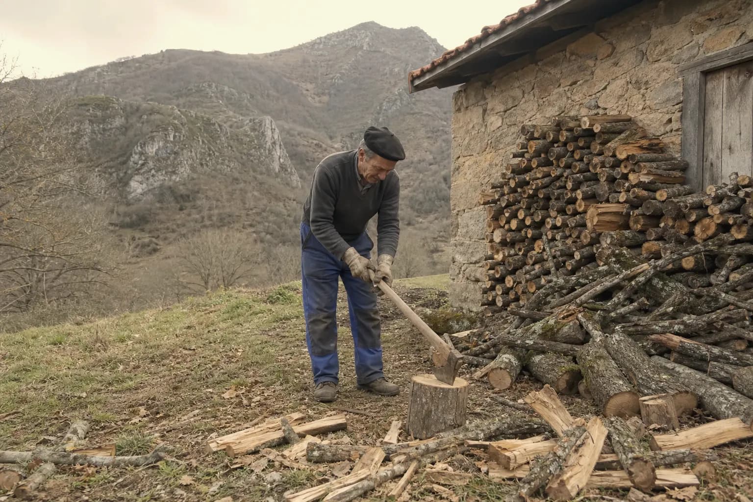 A villager splits pruning wood from the forest beside the Vegacervera drying house