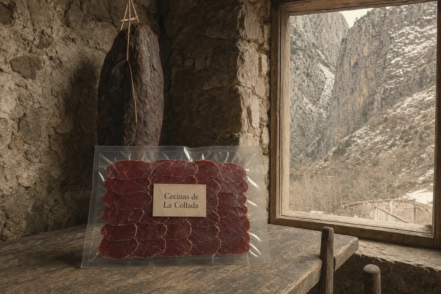 Sachet of sliced Cecinas de La Collada cecina in a mountain drying house
