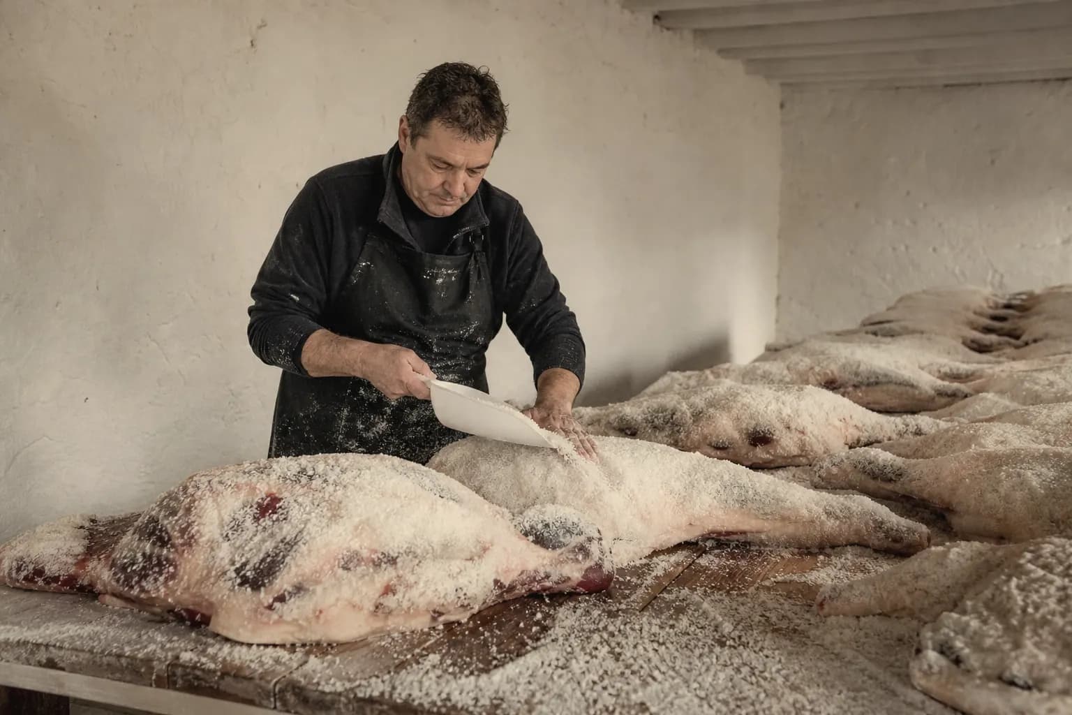 Nacho Robles covers the beef hindquarters with coarse salt