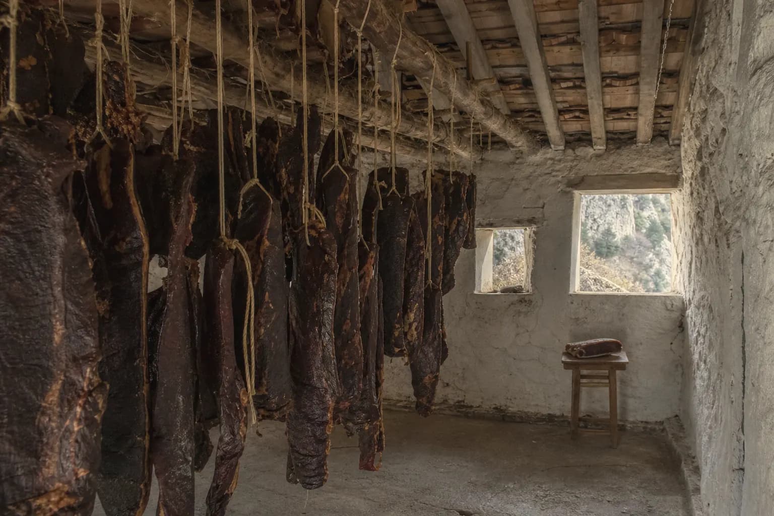 Cecina pieces drying in the mountain drying house