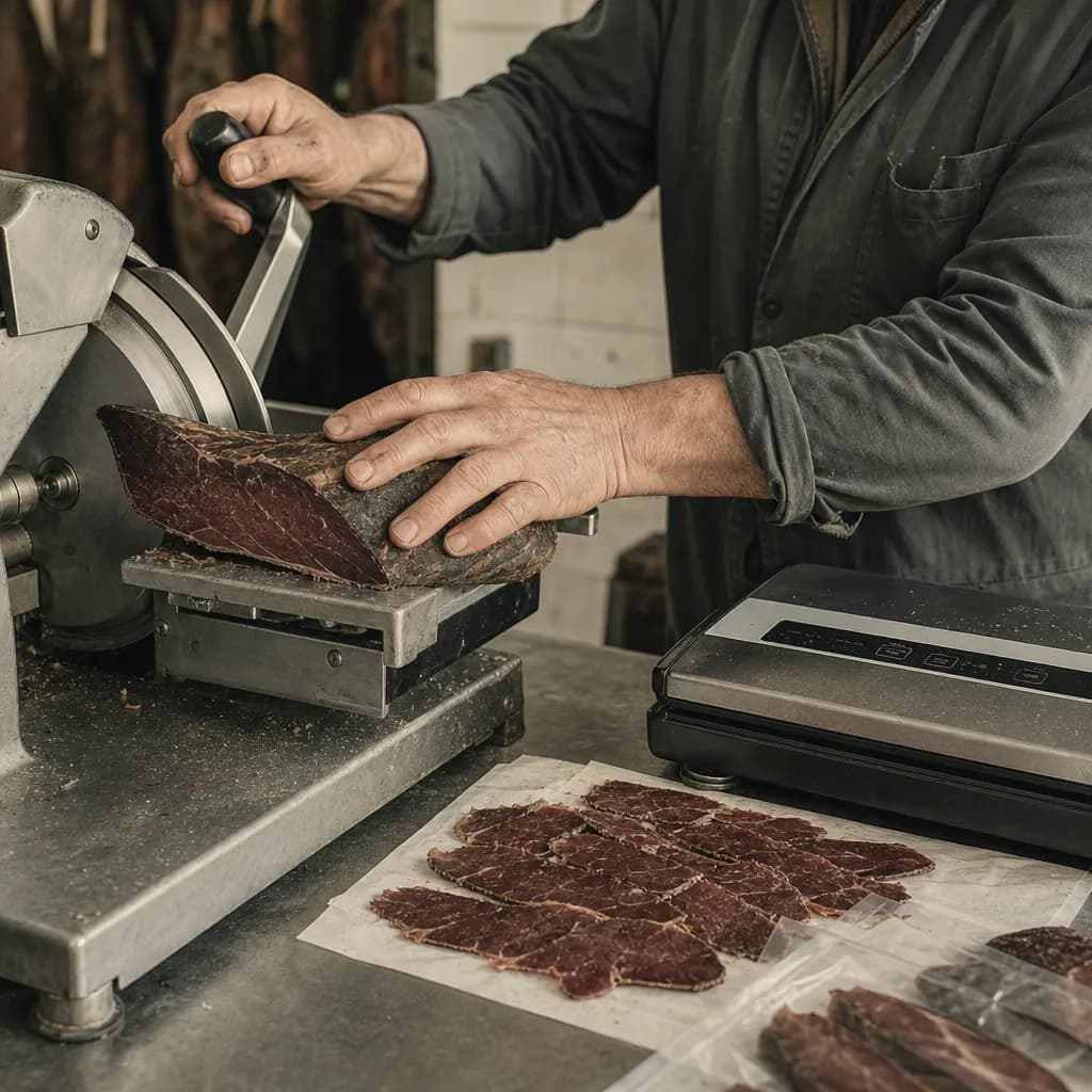 Hands slice the cecina very thinly before packing it