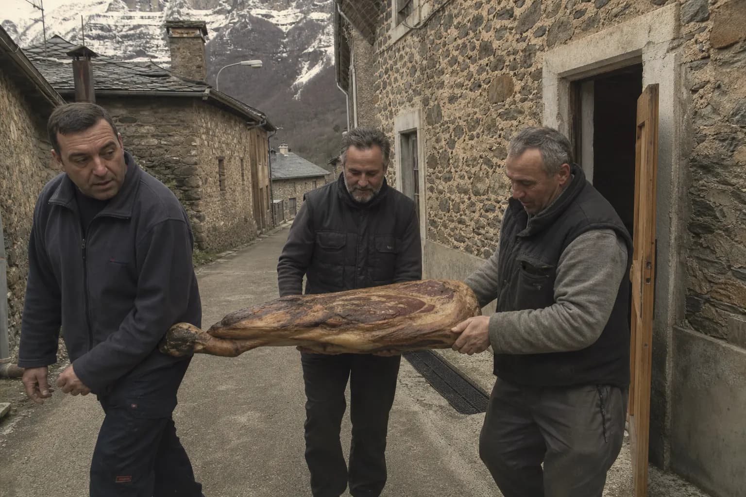 Nacho Robles and two workers carry a piece out of the Vegacervera drying house