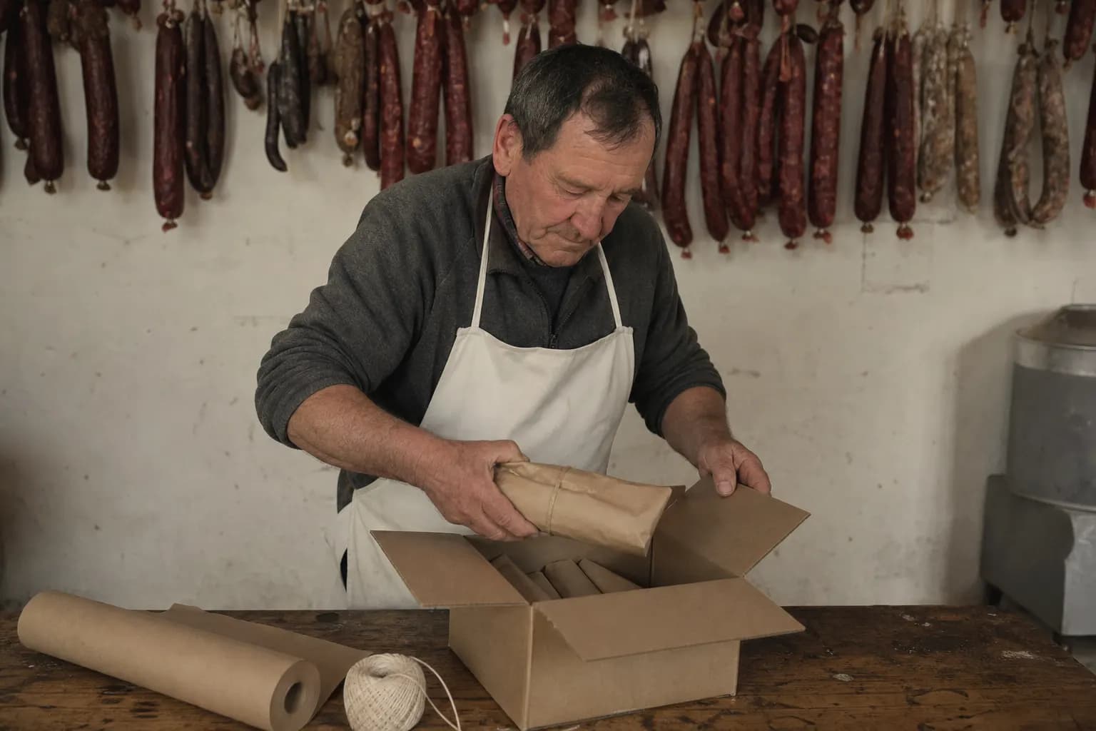 Óscar Velasco packs chorizos wrapped in paper into a cardboard box