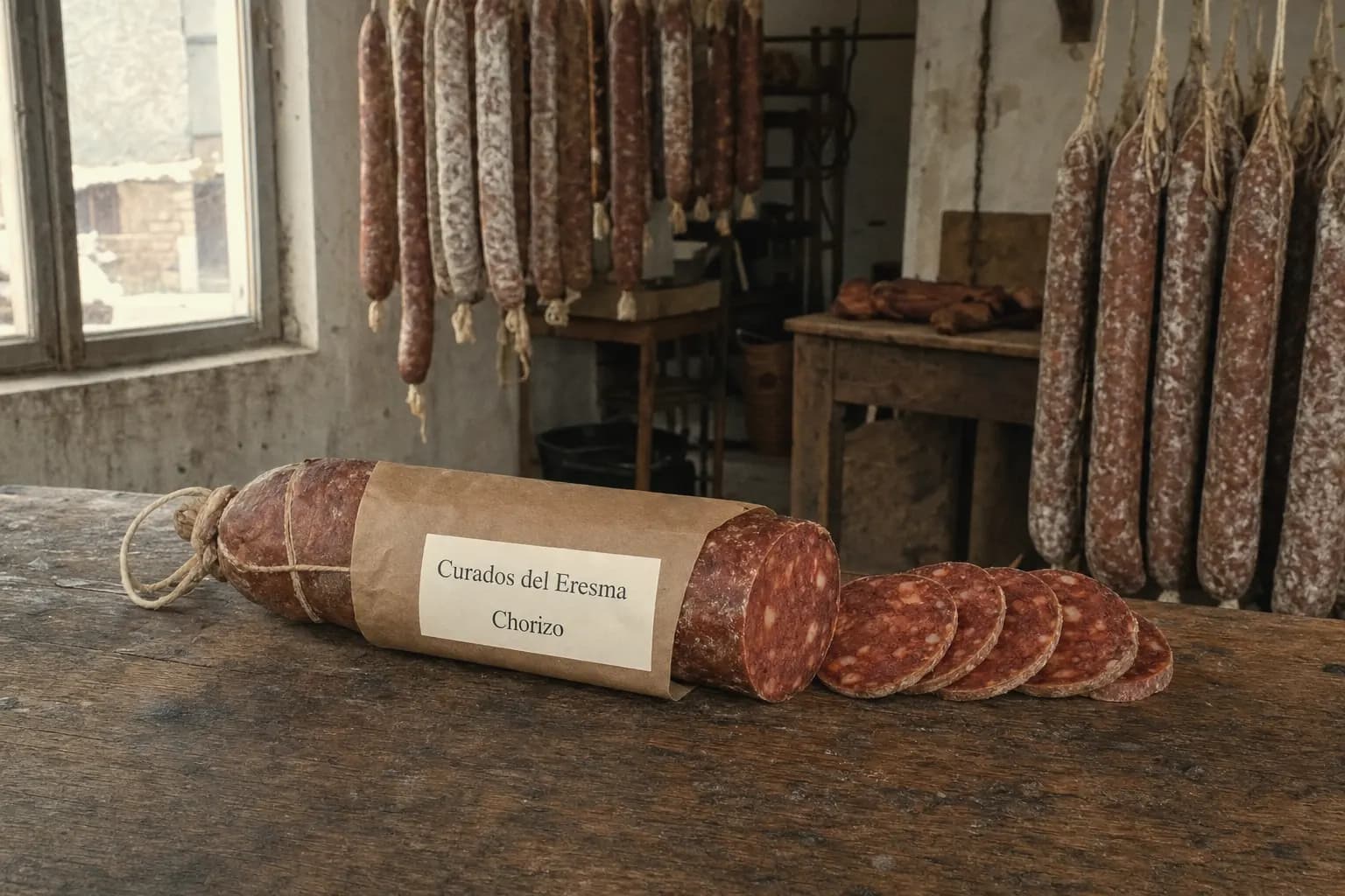 Curados del Eresma cular chorizo wrapped in paper with slices cut