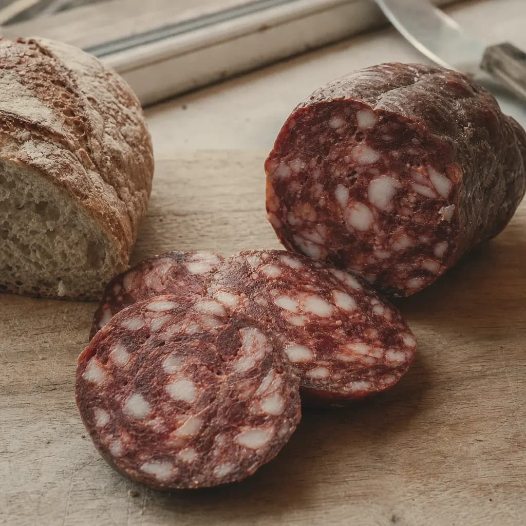 Cular chorizo cut into thick slices on a board