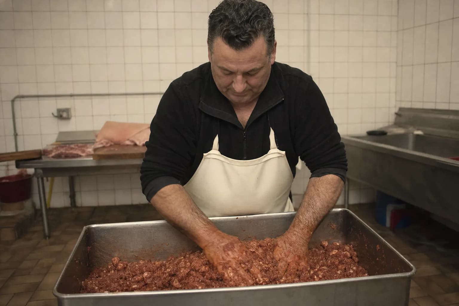 Óscar Velasco mixes the pork with paprika, salt, garlic and oregano