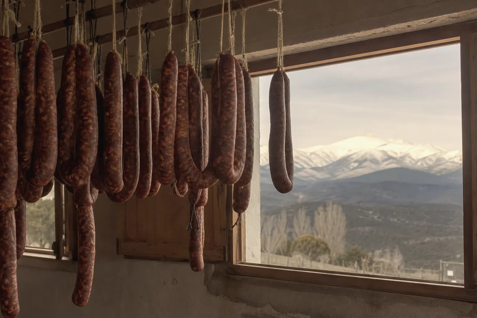 Chorizos hanging in a natural drying room with the snowy Guadarrama behind
