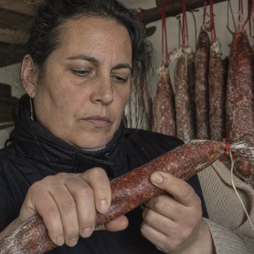 Mónica Velasco presses a cured chorizo to check if it is ready