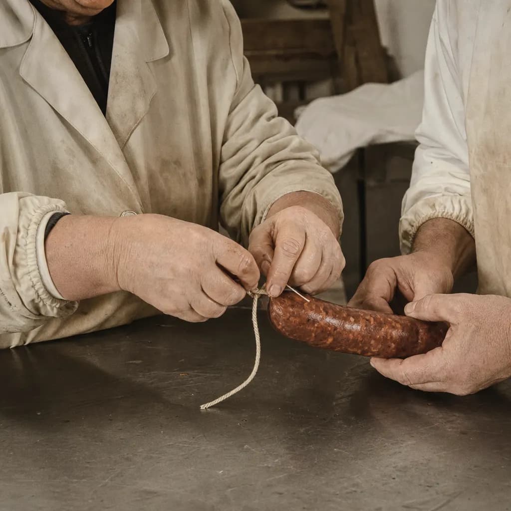 Mónica and Óscar Velasco's hands tie a chorizo together