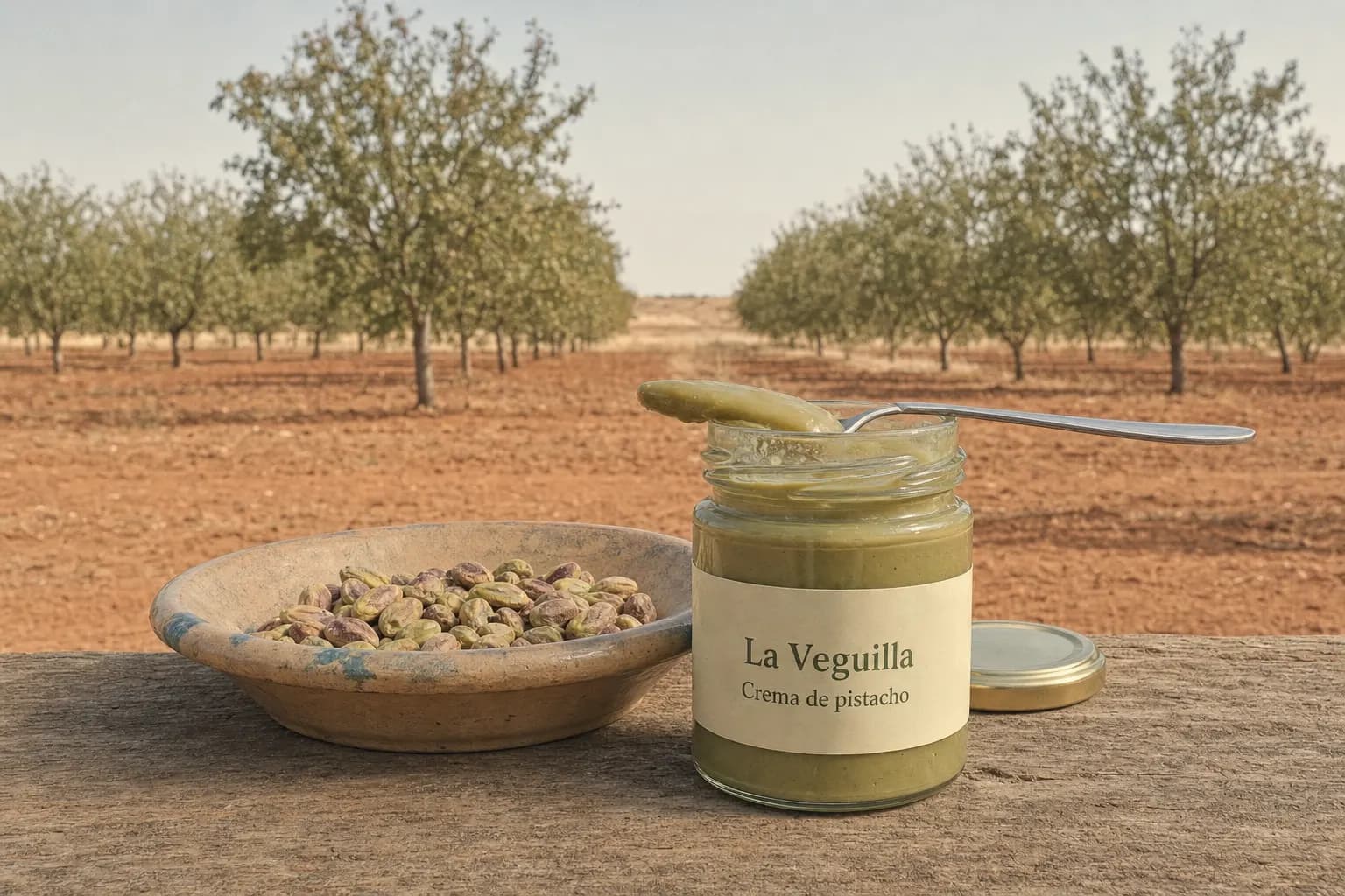 Open jar of La Veguilla pistachio cream beside a pistachio orchard in Membrilla