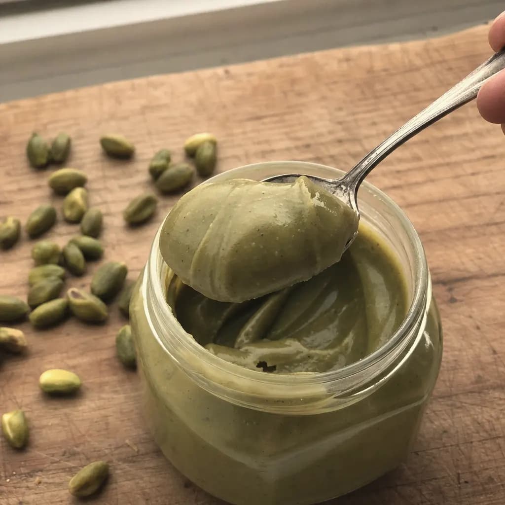Spoonful of pistachio cream over an open jar and shelled pistachios