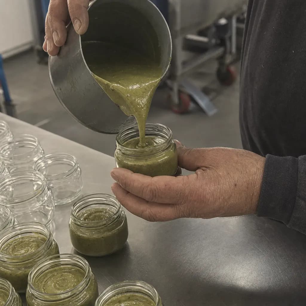 Hands fill glass jars with pistachio cream and nothing else