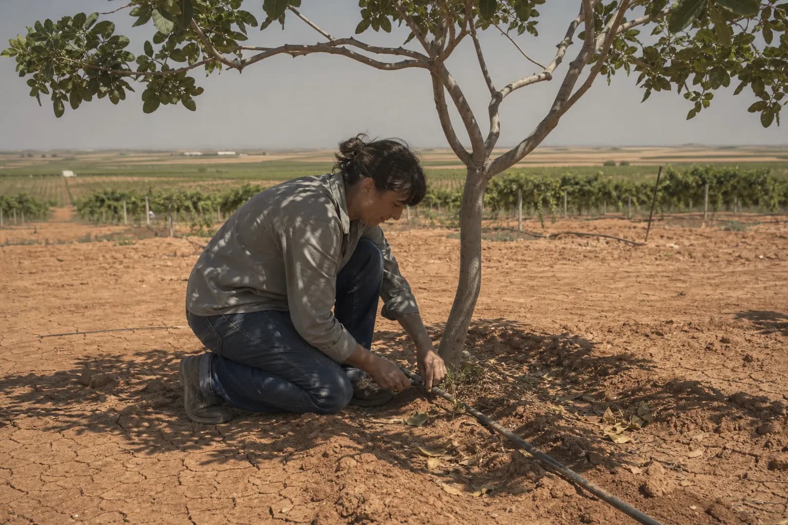 Rebeca Moya checks the irrigation at the foot of a pistachio tree in a dry summer